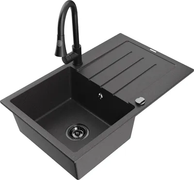 Produktbild von Mexen Bruno 1 Becken-Granitspüle mit Abtropffläche und Mischbatterie Elia, Schwarz gesprenkelt - 6513-76-670101-70-B