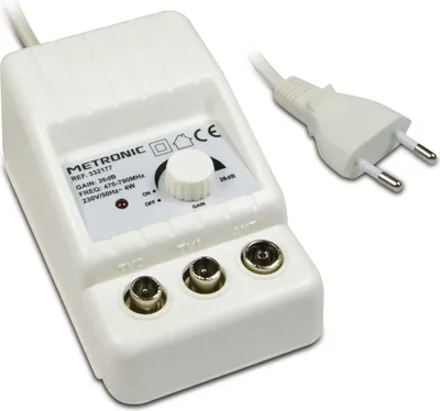 Obrázek produktu pro Metronic 332177 Vnitřní anténní zesilovač pro kanály DTT 4G 5G kompatibilní 26 dB 2 výstupy s 9 52 mm TV zásuvkou bílý silný