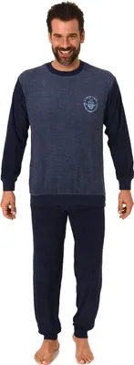 Produktbild von Herren Frottee Pyjama langarm Schlafanzug mit Bündchen - 212 101 13 801 ; blau-melange , 50