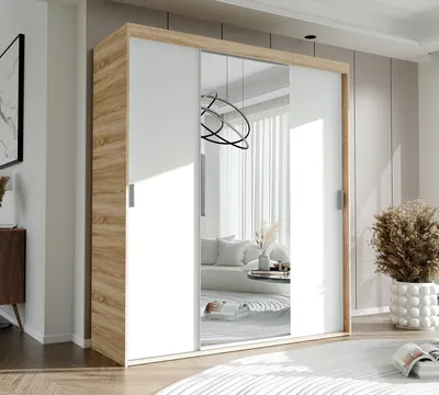 Produktbild von IDOHOME-Dreitüriger Schiebetürenschrank Kleiderschrank mit Spiegel STILO 180 mit Regalen und Kleiderstangen Garderobe Sonoma Weiß silberne Griffe