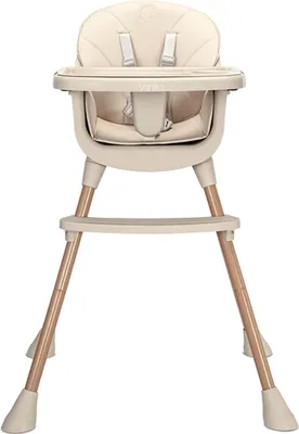 A beige high chair with gold legs against a white background.