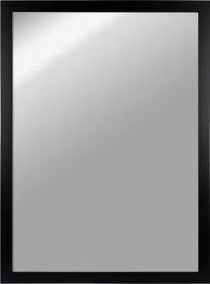 A rectangular mirror with a black frame, reflecting a light source from the top left.