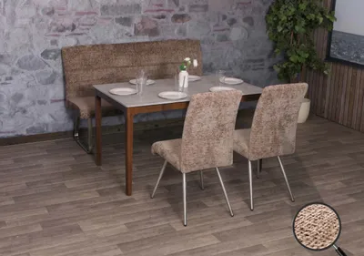 Obrázek produktu pro Jídelní set HWC-G55, sada 2 židlí + lavice 160 cm, broušená nerezová ocel, látka/textilní šenil  hnědý
