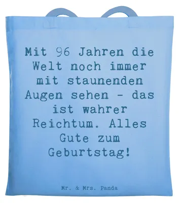 Produktbild von Mr. & Mrs. Panda Jutebeutel Spruch 96. Geburtstag Freude - Sky Blue - Geschenk, Happy Birthday, Einkaufstasche, Wunder, Schultasche, Shopping Tasche, Uni, Optimismus