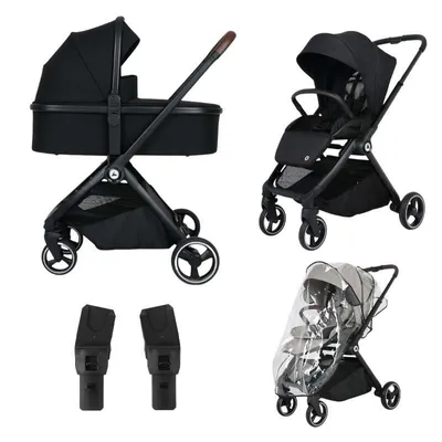 A collage of a black baby stroller with a bassinet attachment, a stroller seat attachment, and a rain cover.