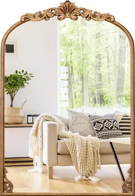 Zdjęcie produktu dla COSTWAY Barokowe lustro złote, 66 x 95 cm, łukowe lustro ścienne z metalową ramą, antyczne lustro łukowe, dekoracyjne lustro do kominka, salon