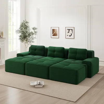 Produktbild von Rahmenloses modulares Ecksofa mit Schlaffunktion & 3 Hockern, weicher Cordstoff, bequemer 3-Sitzer für Wohnzimmer, Grün