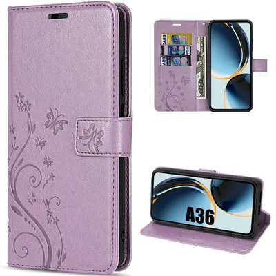 Image de Coque pour Samsung Galaxy A36 5G, Protection Rabat Anti-Rayures Synthécuir Relief Floral Violet