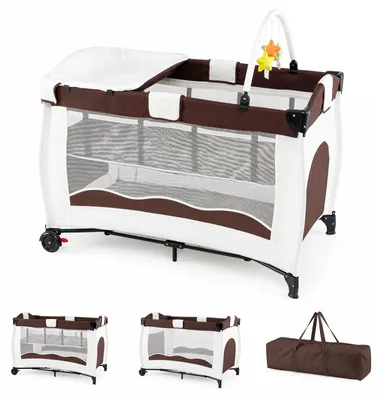 Produktbild von COSTWAY 4 in 1 Babybett mit Matratze & Rollen, Reisebett mit Wickeltisch, Babywiege, Laufstall, Kinderreisebett für Neugeborene 0-24 Monate, Brau