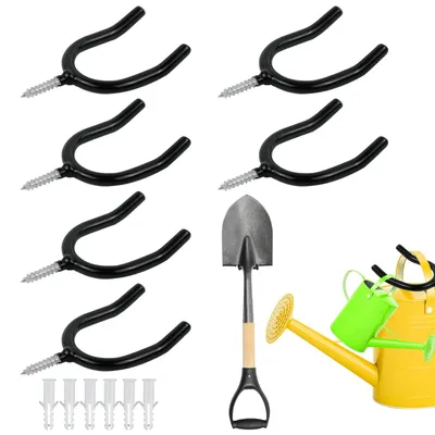 Image de Support mural pour outils, support mural pour outils de jardinage, crochets pour outils de jardinage, support pour outils de jardinage, organiseur pour balais, pelles, râteaux et autres outils de jardinage, en métal, lot de 6, noir