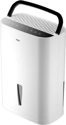 A white dehumidifier with a black handle on top.