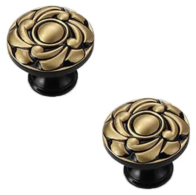 Image de 2 boutons vintage en laiton pour armoires, motif floral, boutons de meubles anciens, métal, noir et or, boutons de tiroirs, poignées de porte, boutons pour armoires de cuisine, tiroirs, armoires (34 mm, noir)