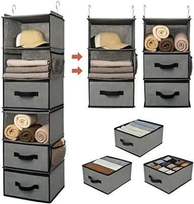 Produktbild von PromoHome® Hängender Kleiderschrank-Organizer mit 6 Fächern und 3 herausnehmbaren Schubladen - Aufbewahrungssystem mit Seitentaschen für