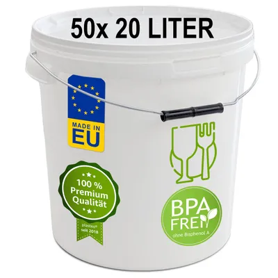 Produktbild von plasteo® 50x 20 Liter Eimer mit Deckel Lebensmittelecht Luftdicht Kunststoffeimer Plastikeimer Leereimer Transporteimer (50x 20 Liter)