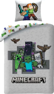 A Minecraft-themed duvet cover and pillowcase set featuring various characters and the Minecraft logo.