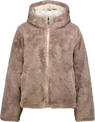 A taupe faux fur jacket with a white lining and a zipper.