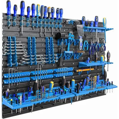 Produktbild von Werkzeugwand Werkzeugregal Wandregal - Kunststoff - 115,8 x 78 cm - Blau - Mit Werkzeughaltern und Klemmleisten