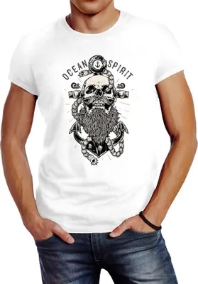 Produktbild von Herren T-Shirt Skull Captain Anker Totenkopf Bart Kapitän Ocean Spirit Slim Fit Neverless® weiß L