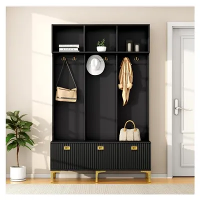 Produktbild von Flurgarderobe Set in Schwarz mit Bank und 6 goldenen Haken - 120 cm breite, multifunktionale Garderobe für Flur und Wohnzimmer