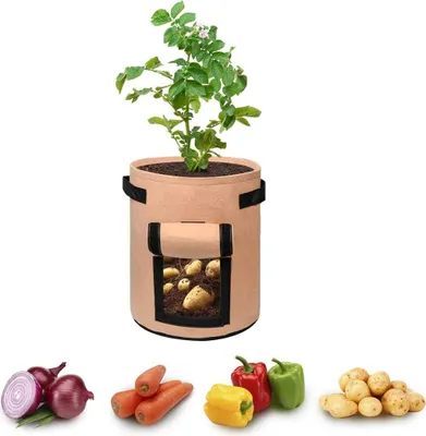 Image de 1 sac de plantes, sac de plantation de pommes de terre 7 gallons avec poignées et fenêtre, respirant sac de légumes Grow Bag sac de plantation pour carottes/oignons/légumes (brun)