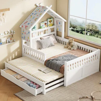 Produktbild von AIORBER Hausbett 140x200 Kinderbett mit Ausziehbett, 3 Schubladen und Rausfallschutz, Massivholz, Weiß