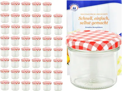A set of small glass jars with red and white checkered lids, along with a booklet.