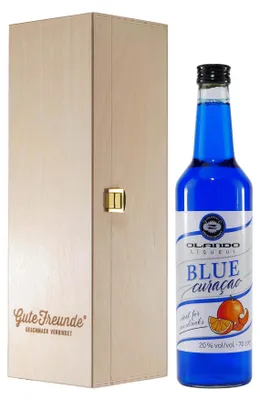Produktbild von Olando Blue Curacao Likör mit Geschenk-Holzkiste