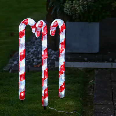 Produktbild von LED Zuckerstangen - je 30 kaltweiße LED - H: 61cm - Timer - inkl. Trafo - für Außen - 3 Stück