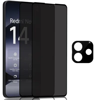 Obrázek produktu pro 2-balení Xiaomi Redmi Note 14 Ochranné sklo na displej Privacy & 1-balení ochrana objektivu - Tvrzené sklo 9H - Super kvalita 3D
