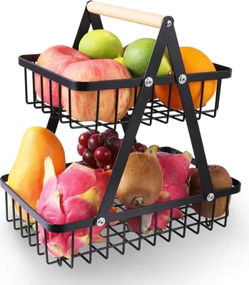 Produktbild von Obstkorbständer mit Holzgriff - 2-stöckiger Obstschalenhalter und Brotkorb - Gemüseablage für Zuhause, Küche und Büro