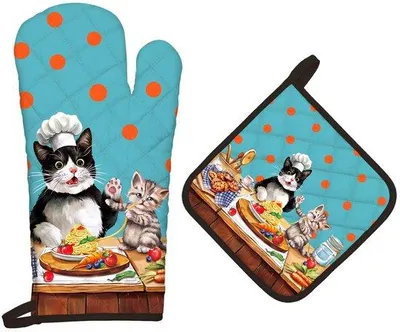 Productafbeelding van Unyqoos® Ovenhandschoenen en theedoeken set, 2-delig, 100% katoen, kattenmotief, hittebestendig tot 260 °C, handschoen 17x31 cm, theedoeken 20x20 cm
