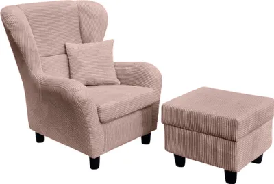 Produktbild von Ohrensessel mit Hocker Landhausstil Polster-TV-Lesesessel Cordstoff Rosa / 18021