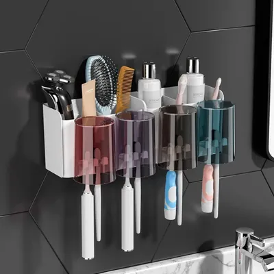 Image de Porte-brosses à dents avec adhésif, comprenant 4 gobelets et 8 compartiments, en plastique PP+PS