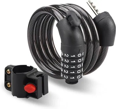 Image de Antivol électrique pour vélo - Antivol pour vélo - Antivol à combinaison - Longueur de l'antivol : 105 cm - Diamètre du câble : 10 mm - Combinaison à 5 chiffres (noir)