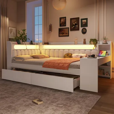 Produktbild von Tagesbett 140x200 cm mit Schreibtisch und 2 Schubladen, LED-Beleuchtung und USB-Anschlüssen, gepolstertes Daybed, Weiß
