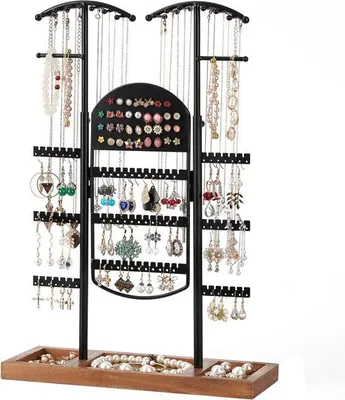 Produktbild von Famanu Schmuckständer höhenverstellbar mit Holzbasis - Schmuckbaum für Ohrringe, Ketten, Ringe und Armbänder