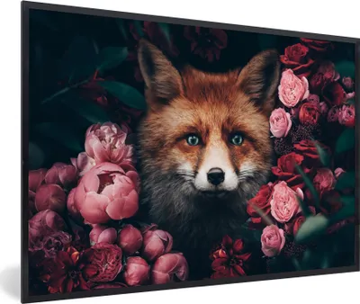 Produktbild von MuchoWow® Gerahmtes Poster Fuchs - Blumen - Tiere 30x20 cm - Poster mit Schwarzem Bilderrahmen Wandposter Rahmen Foto Bilder - Kunstdruck - Bild-Poster