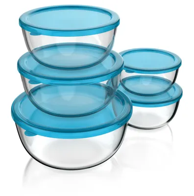 Produktbild von Arendo Salatschüsselset Glas 5-teilig mit Deckeln, Glasschüsseln 1000, 1500, 2000, 2700 und 4400 ml, Borosilikatglas, hitzebeständig, spülmaschinengeeignet, transparent/blau
