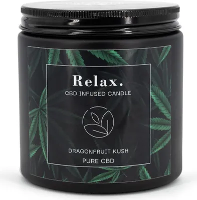 Produktbild von Relax. Dragon Fruit Kush: C.B.D. Duftkerze, Aromakerze mit Sojawachs, Ø9,5 cm, 350g, Glas