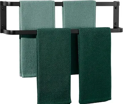 Zdjęcie produktu dla Wieszak na ręczniki ścienny, dwuwarstwowy, 60 cm, wykonany ze stali nierdzewnej SUS304, w matowym, czarnym wykończeniu, idealny do łazienki i kuchni