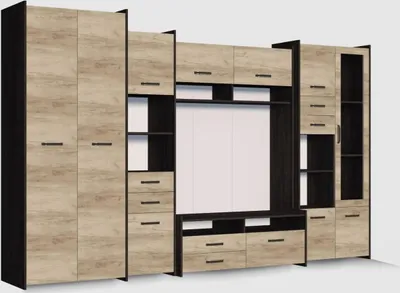 Produktbild von Easy4You Wohnwand MOKKA S B:310 cm Eiche Canterbury/ Country Grau Stilvolles Funktionales Möbelset für Wohnzimmer viel Stauraum Moderner Optik Kleiderschrank Bücherregal Lowboard Vitrine