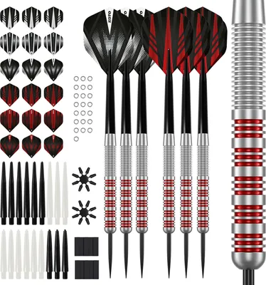 Produktbild von KOTO – Silver Red Brass Dartpfeile, 18 Gramm, Steeldarts, Inkl. Accessory Kit Steeltip 90 Stücks, 2 Sets Dartpfeile 23 G, 6x3 Flights, 6x3 Shafts