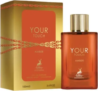 A perfume bottle and its packaging are displayed against a white background.