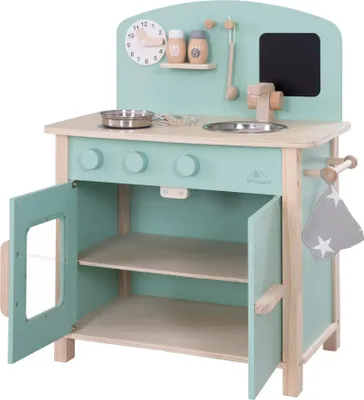 Produktbild von roba Spielküche aus Holz mit Kinderherd, Standküche in den Farben mint und natur