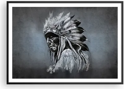 Produktbild von Gerahmtes Poster - Schwarzer Rahmen - Inder Feder Mann - 100x70 cm - Wand Bild - Wanddeko - Wandbilder - Kunstposter - Wandposter - Bilderrahmen - Bilder - Kunstdruck - P2BAA100x70-4914