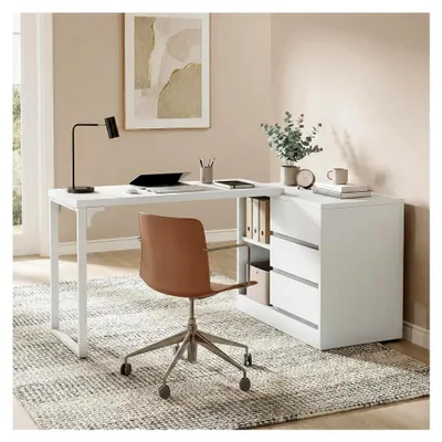 Produktbild von L-förmiger Schreibtisch mit Regal und Schubladen, 160 cm, weiß