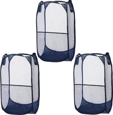 Produktbild von Unyqoos® 3er-Set faltbarer Kinder-Wäschekorb blau 63 x 32 x 32 cm – Nylon, rostfreies Drahtgestell, Pop-Up, Seitenfach 32,5 x 30 cm, 2 Griffe (Tragfähigkeit 5 kg)