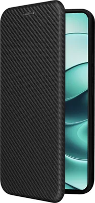 A black carbon fiber flip case for a smartphone is shown with the phone screen displaying a green and teal abstract pattern.
