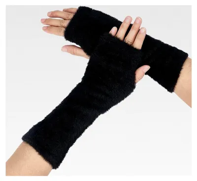 Produktbild von 1 Paar Schwarze Fingerlose Handschuhe aus Kunstpelz mit Daumenloch