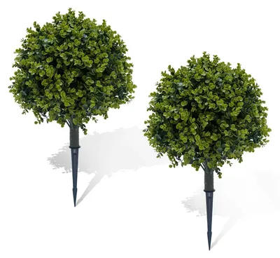 Image de Buis artificiel - Arbres topiaires - Lot de 2 - 60 cm - Résistant aux UV - Avec piquets - Pour l'extérieur - Vert